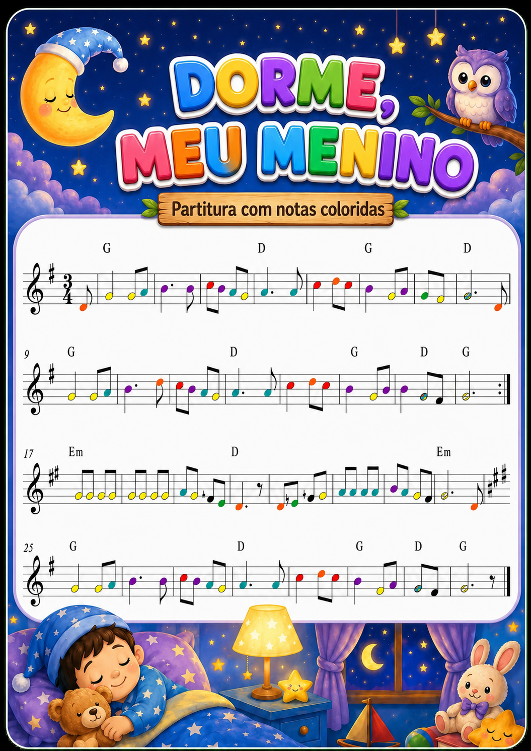Partitura infantil com notas coloridas da música Dorme, Meu Menino