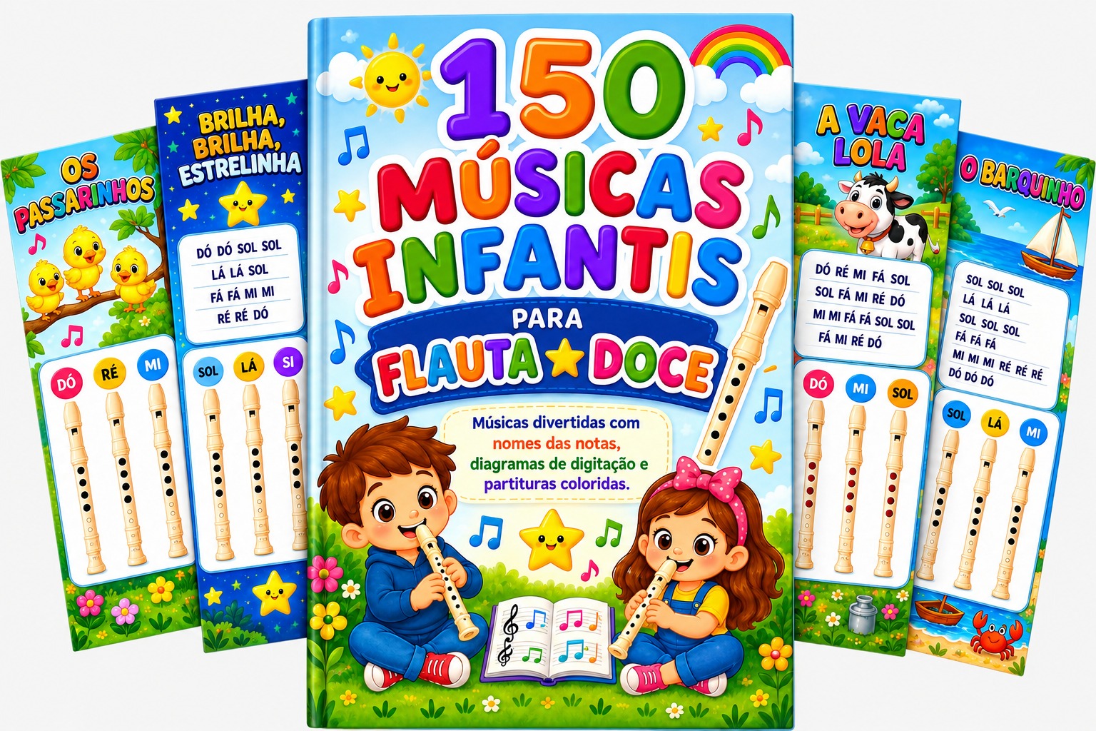 Mockup do material digital com 150 músicas infantis para flauta doce