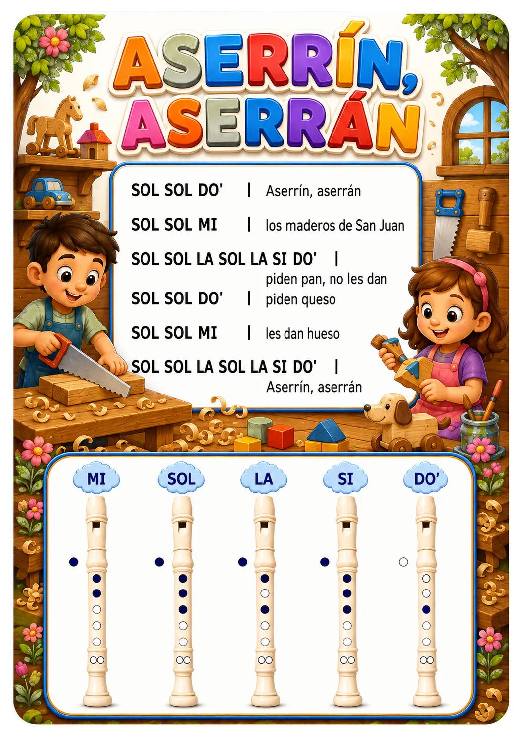 Página de música infantil com notas e diagramas de digitação